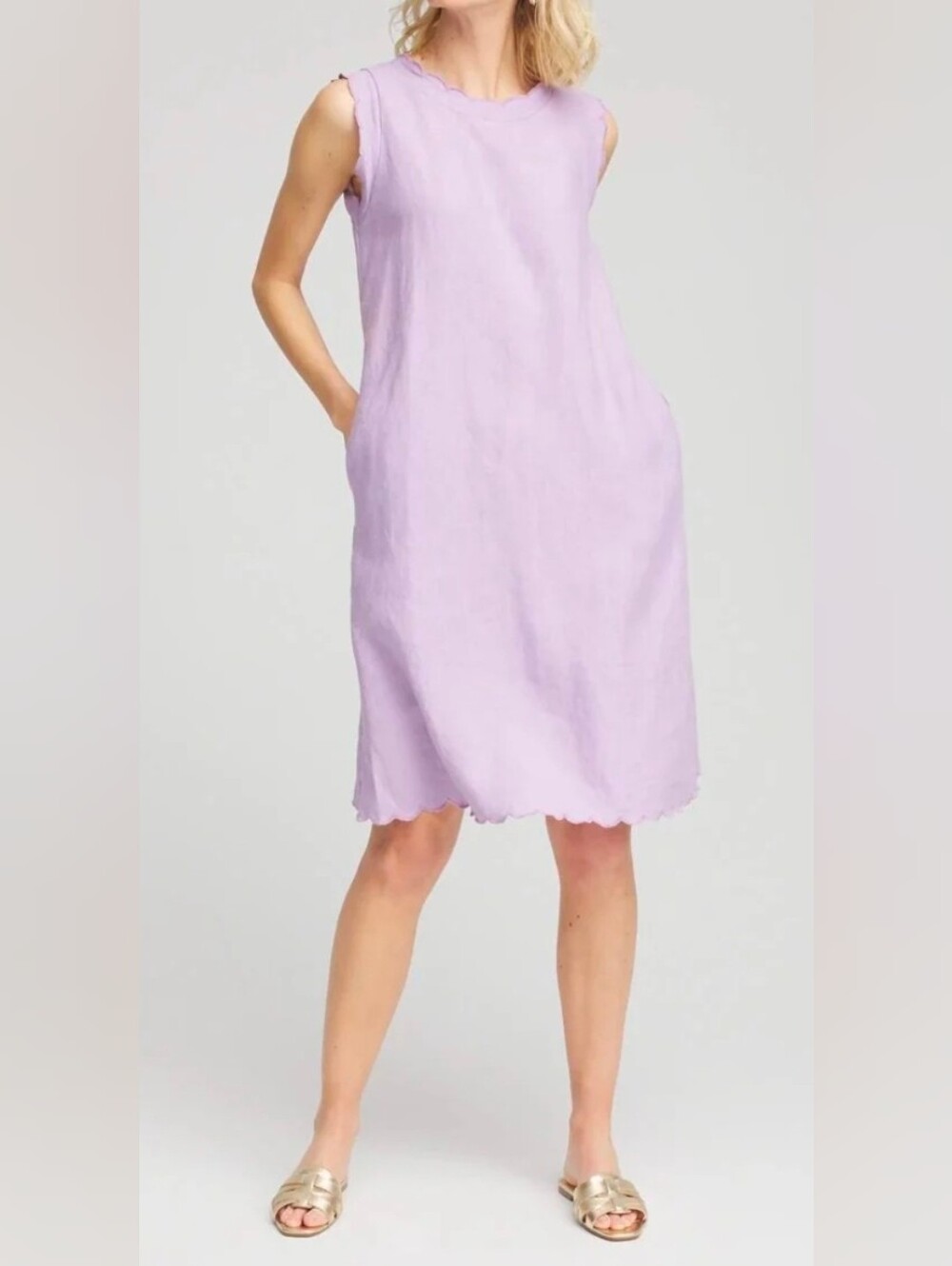 Chico's Lavender Scalloped Trim, 100% Linen Sleeveless Dress With Pockets 20